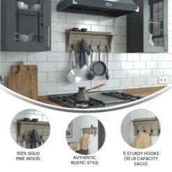 Merrick Lane Pine Wood 24 Inch Wall Mount Storage Rack With 5 Hanging Hooks And Upper Display Shelf -Home Decor Shop GUEST 025be7f4 6880 4025 a5b7 9daa6b445bdc