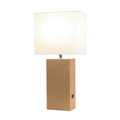 21" Lexington Leather Base Modern Home Decor Bedside Table Lamp With USB Charging Port And Fabric Shade - Lalia Home 1 21" Lexington Leather Base Modern Home Decor Bedside Table Lamp With USB Charging Port And Fabric Shade - Lalia Home