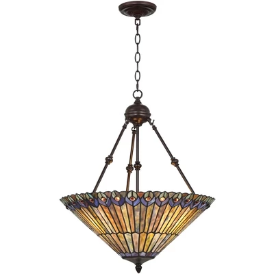 Robert Louis Tiffany Bronze Pendant Chandelier 20" Wide Rustic Peacock Stained Art Glass 3-Light Fixture For Dining Room House Kitchen Island Entryway 7 Robert Louis Tiffany Bronze Pendant Chandelier 20" Wide Rustic Peacock Stained Art Glass 3-Light Fixture For Dining Room House Kitchen Island Entryway - Image 7
