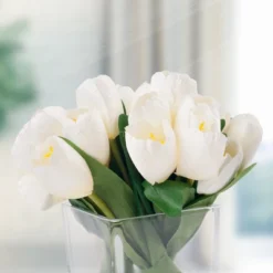 Tulip Floral Arrangement In Vase- 24 Cream Artificial Flowers With Leaves In Decorative Clear Glass Square Bowl & Faux Water For Décor By Pure Garden -Home Decor Shop GUEST 0c9b417f a42d 4148 876f 3a324813c273