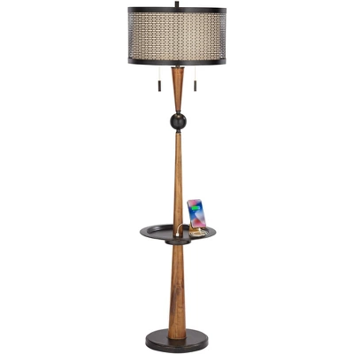 Franklin Iron Works Hunter Rustic Floor Lamp With Tray Table 64 3/4" Tall Faux Wood Bronze USB Charging Port Oatmeal Linen Drum Shade For Living Room 2 Franklin Iron Works Hunter Rustic Floor Lamp With Tray Table 64 3/4" Tall Faux Wood Bronze USB Charging Port Oatmeal Linen Drum Shade For Living Room - Image 2
