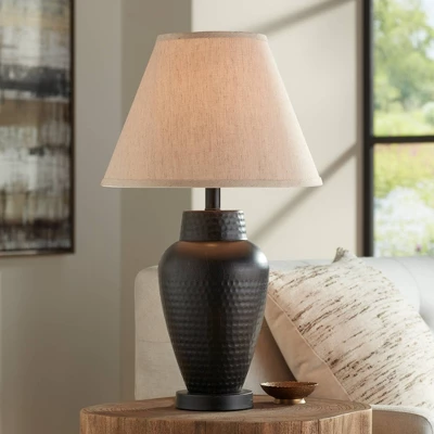 Regency Hill Auburn Rustic Farmhouse Table Lamp 25" High Bronze Hammered Natural Linen Empire Shade For Bedroom Living Room Bedside Nightstand Office 1 Regency Hill Auburn Rustic Farmhouse Table Lamp 25" High Bronze Hammered Natural Linen Empire Shade For Bedroom Living Room Bedside Nightstand Office