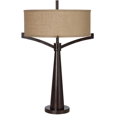 Franklin Iron Works Tremont Modern Mid Century Table Lamps 31 1/2" Tall Set Of 2 Rich Bronze Iron Burlap Fabric Drum Shade For Bedroom Living Room 5 Franklin Iron Works Tremont Modern Mid Century Table Lamps 31 1/2" Tall Set Of 2 Rich Bronze Iron Burlap Fabric Drum Shade For Bedroom Living Room - Image 5