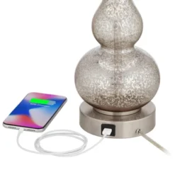 360 Lighting Castine Modern Accent Table Lamps 22" High Set Of 2 Mercury Glass With USB Charging Port Black Faux Silk Shade For Bedroom Bedside Desk