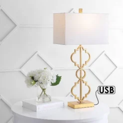 32" Iron Selina Ogee Trellis Modern USB Table Lamp (Includes LED Light Bulb) Gold - Jonathan Y