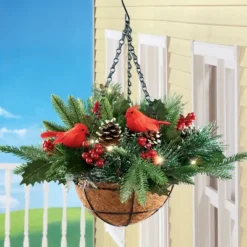 Collections Etc LED Frosted Hanging Artificial Winter Pine And Holly Basket 13 X 13 X 18