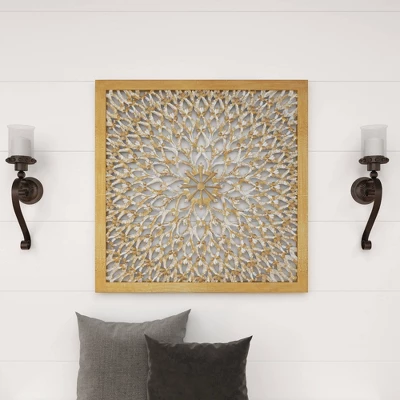 Wood Floral Handmade Intricately Carved Wall Decor With Mandala Design Light Brown - Olivia & May 12 Wood Floral Handmade Intricately Carved Wall Decor With Mandala Design Light Brown - Olivia & May - Image 12