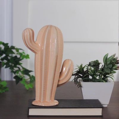 Northlight 9" Ceramic Cactus Striped Table Top Decoration - Peach 2 Northlight 9" Ceramic Cactus Striped Table Top Decoration - Peach - Image 2