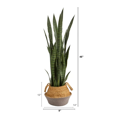 Nearly Natural 46-in Sansevieria Artificial Plant In Boho Chic Handmade Cotton & Jute Gray Woven Planter 1 Nearly Natural 46-in Sansevieria Artificial Plant In Boho Chic Handmade Cotton & Jute Gray Woven Planter