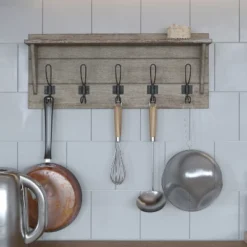 Merrick Lane Pine Wood 24 Inch Wall Mount Storage Rack With 5 Hanging Hooks And Upper Display Shelf -Home Decor Shop GUEST 3cd9aa3d 93b7 4338 9283 6f20574e5022