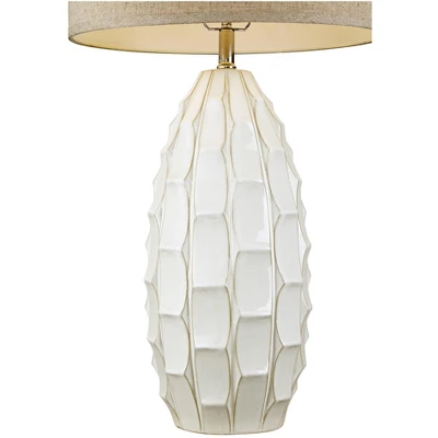 Possini Euro Design Cosgrove Modern Mid Century Table Lamp 32 3/4" Tall White Glazed Ceramic Beige Fabric Drum Shade For Bedroom Living Room Bedside 6 Possini Euro Design Cosgrove Modern Mid Century Table Lamp 32 3/4" Tall White Glazed Ceramic Beige Fabric Drum Shade For Bedroom Living Room Bedside - Image 6