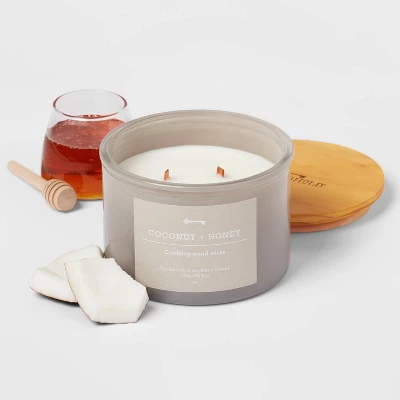 14oz Lidded Gray Glass Jar Crackling Wooden 3-Wick Candle With Paper Label Coconut And Honey - Threshold™ 2 14oz Lidded Gray Glass Jar Crackling Wooden 3-Wick Candle With Paper Label Coconut And Honey - Threshold™ - Image 2