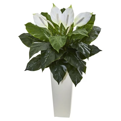 Nearly Natural 3-ft Spathiphyllum Artificial Plant In White Tower Planter 1 Nearly Natural 3-ft Spathiphyllum Artificial Plant In White Tower Planter