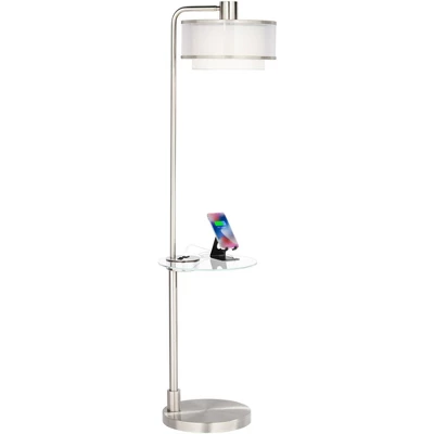 Possini Euro Design Vogue Modern Floor Lamp With Tray Table 60" Tall Brushed Nickel USB Charging Port Organza Outer White Inner Shade For Living Room 2 Possini Euro Design Vogue Modern Floor Lamp With Tray Table 60" Tall Brushed Nickel USB Charging Port Organza Outer White Inner Shade For Living Room - Image 2