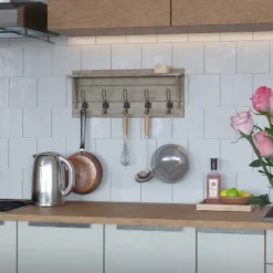 Merrick Lane Pine Wood 24 Inch Wall Mount Storage Rack With 5 Hanging Hooks And Upper Display Shelf -Home Decor Shop GUEST 54e12820 a822 403f b044 ccf1c2a10348