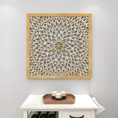 Wood Floral Handmade Intricately Carved Wall Decor With Mandala Design Light Brown - Olivia & May 16 Wood Floral Handmade Intricately Carved Wall Decor With Mandala Design Light Brown - Olivia & May - Image 16