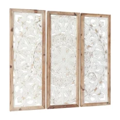 Set Of 3 Wood Floral Intricately Carved Wall Decors With Mandala Design White - Olivia & May
