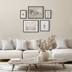 Americanflat 5 Piece Vintage Gallery Wall Art Set - Seaside Villa, Seascape In Greys, Calm Sailing, Tree Etching By Maple + Oak