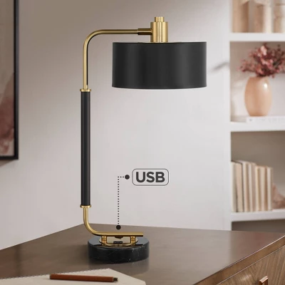 Possini Euro Design Myles Modern Mid Century Desk Lamp 24" High Black Gold With Dual USB Charging Ports Metal Drum Shade For Bedroom Living Room Home 1 Possini Euro Design Myles Modern Mid Century Desk Lamp 24" High Black Gold With Dual USB Charging Ports Metal Drum Shade For Bedroom Living Room Home