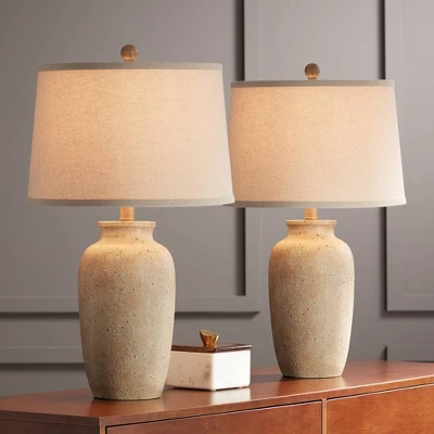 Regency Hill Rustic Farmhouse Table Lamps 25 1/2" High Set Of 2 Beige Oatmeal Fabric Drum Shades For Living Room Bedroom House 1 Regency Hill Rustic Farmhouse Table Lamps 25 1/2" High Set Of 2 Beige Oatmeal Fabric Drum Shades For Living Room Bedroom House