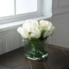 Tulip Floral Arrangement In Vase- 24 Cream Artificial Flowers With Leaves In Decorative Clear Glass Square Bowl & Faux Water For Décor By Pure Garden