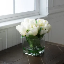 Tulip Floral Arrangement In Vase- 24 Cream Artificial Flowers With Leaves In Decorative Clear Glass Square Bowl & Faux Water For Décor By Pure Garden