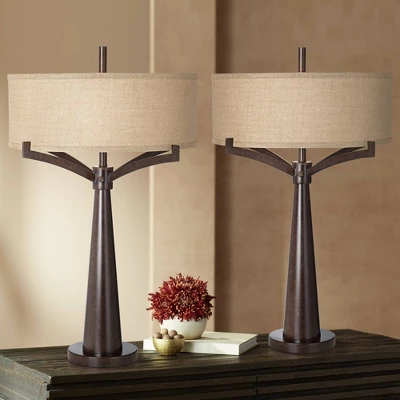 Franklin Iron Works Tremont Modern Mid Century Table Lamps 31 1/2" Tall Set Of 2 Rich Bronze Iron Burlap Fabric Drum Shade For Bedroom Living Room 1 Franklin Iron Works Tremont Modern Mid Century Table Lamps 31 1/2" Tall Set Of 2 Rich Bronze Iron Burlap Fabric Drum Shade For Bedroom Living Room