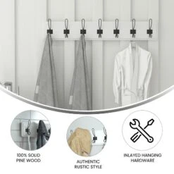 Flash Furniture Daly Wall Mounted 34 Inch Solid White Pine Wood Storage Rack With 7 Hooks For Entryway, Kitchen, Bathroom -Home Decor Shop GUEST 831f5902 9bb6 4e8e 93d5 5a436adbacea