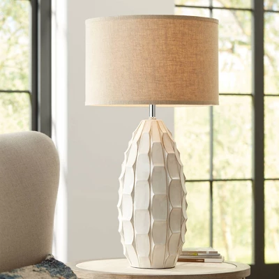 Possini Euro Design Cosgrove Modern Mid Century Table Lamp 32 3/4" Tall White Glazed Ceramic Beige Fabric Drum Shade For Bedroom Living Room Bedside 1 Possini Euro Design Cosgrove Modern Mid Century Table Lamp 32 3/4" Tall White Glazed Ceramic Beige Fabric Drum Shade For Bedroom Living Room Bedside