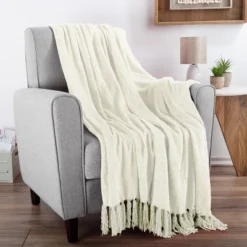 Hastings Home Oversized Chenille Throw Blanket - 70" X 60", Ivory