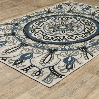 Trinity Bohemian Medallion Patio Area Rug Beige/Blue - Captiv8e Designs 3 Trinity Bohemian Medallion Patio Area Rug Beige/Blue - Captiv8e Designs - Image 3