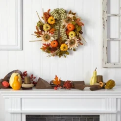 Nearly Natural 24” Fall Pumpkin, Sunflower Artificial Autumn Wreath With Decorative Ribbon -Home Decor Shop GUEST 8a0a59bd e39d 4b54 bbc4 eb2cfeddfe94