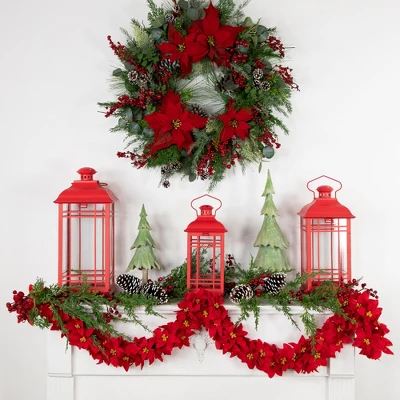 Northlight 6' X 3" Red Artificial Poinsettia Floral Christmas Garland - Unlit 2 Northlight 6' X 3" Red Artificial Poinsettia Floral Christmas Garland - Unlit - Image 2