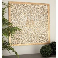 Wood Floral Handmade Intricately Carved Wall Decor With Mandala Design Light Brown - Olivia & May