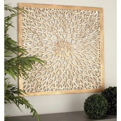 Wood Floral Handmade Intricately Carved Wall Decor With Mandala Design Light Brown - Olivia & May 1 Wood Floral Handmade Intricately Carved Wall Decor With Mandala Design Light Brown - Olivia & May