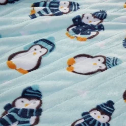 60"x70" Oversized Plush Penguins Printed Heated Throw Blanket Aqua - Beautyrest