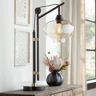 Franklin Iron Works Calyx Modern Industrial Desk Lamp 29" Tall Bronze Brown Cognac Glass Dome Shade For Bedroom Living Room Bedside Nightstand Office 1 Franklin Iron Works Calyx Modern Industrial Desk Lamp 29" Tall Bronze Brown Cognac Glass Dome Shade For Bedroom Living Room Bedside Nightstand Office