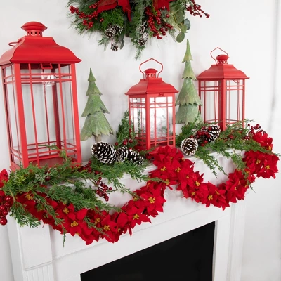 Northlight 6' X 3" Red Artificial Poinsettia Floral Christmas Garland - Unlit 1 Northlight 6' X 3" Red Artificial Poinsettia Floral Christmas Garland - Unlit