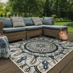Trinity Bohemian Medallion Patio Area Rug Beige/Blue - Captiv8e Designs