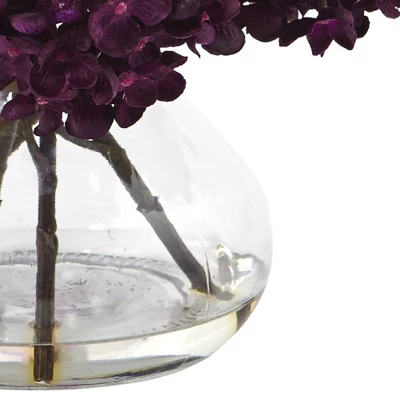 8.5" Hydrangea Silk Flower Arrangement With Glass Vase, Purple - Nearly Natural 2 8.5" Hydrangea Silk Flower Arrangement With Glass Vase, Purple - Nearly Natural - Image 2
