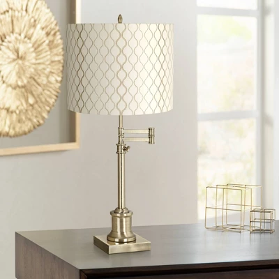 360 Lighting Swing Arm Desk Table Lamp 36" Tall Antique Brass Off White Embroidered Hourglass Fabric Drum Shade For Living Room Bedroom 1 360 Lighting Swing Arm Desk Table Lamp 36" Tall Antique Brass Off White Embroidered Hourglass Fabric Drum Shade For Living Room Bedroom