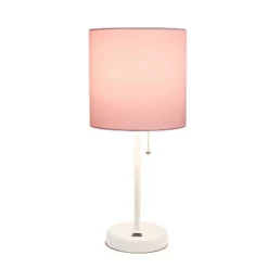 19.5" Bedside USB Port Feature Metal Table Desk Lamp White With Light Pink Fabric Shade - Creekwood Home
