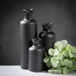 Sullivans Matte Black Set Of 3 Small Ceramic Bottle Vases 5"H, 7.5"H & 10"H Black -Home Decor Shop GUEST be314ca5 c61b 436b 9560 8b05d007bc56