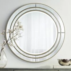 Noble Park San Simeon Round Vanity Decorative Wall Mirror Modern Beveled Glass Matte Champagne Frame 31 3/4" Wide For Bathroom Bedroom House Entryway