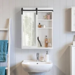 22" X 28" Wexton Decorative Farmhouse Wall Cabinet With Sliding Mirror Door White - Kate & Laurel All Things Decor -Home Decor Shop GUEST c52c9803 79a6 4825 ae02 20a55bef7575