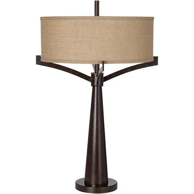 Franklin Iron Works Tremont Modern Mid Century Table Lamps 31 1/2" Tall Set Of 2 Rich Bronze Iron Burlap Fabric Drum Shade For Bedroom Living Room 6 Franklin Iron Works Tremont Modern Mid Century Table Lamps 31 1/2" Tall Set Of 2 Rich Bronze Iron Burlap Fabric Drum Shade For Bedroom Living Room - Image 6