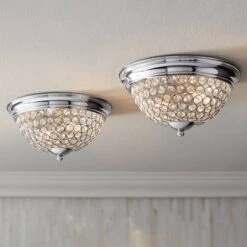 Possini Euro Design Faith Modern Ceiling Light Flush Mount Fixtures 11" Wide Set Of 2 Chrome 2-Light Crystal For Bedroom Kitchen Living Room Hallway