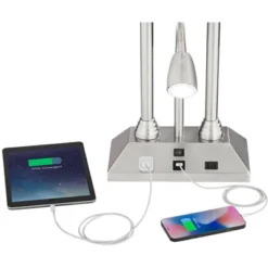 Possini Euro Design Dexter Modern Table Lamp 26" High Brushed Nickel With USB And AC Power Outlet In Base LED Reading Light White Shade For Home Desk -Home Decor Shop GUEST cb638d63 b1f9 4dfb b56e 82d78a067255