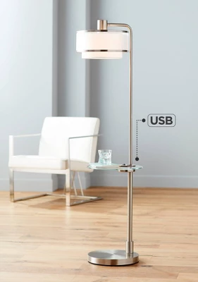 Possini Euro Design Vogue Modern Floor Lamp With Tray Table 60" Tall Brushed Nickel USB Charging Port Organza Outer White Inner Shade For Living Room 1 Possini Euro Design Vogue Modern Floor Lamp With Tray Table 60" Tall Brushed Nickel USB Charging Port Organza Outer White Inner Shade For Living Room