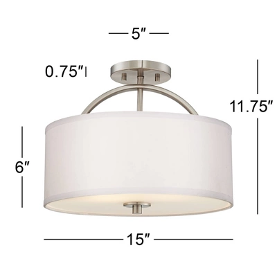 Possini Euro Design Halsted Modern Ceiling Light Semi Flush Mount Fixture 15" Wide Brushed Nickel 2-Light Oatmeal Linen Drum For Bedroom Living Room 5 Possini Euro Design Halsted Modern Ceiling Light Semi Flush Mount Fixture 15" Wide Brushed Nickel 2-Light Oatmeal Linen Drum For Bedroom Living Room - Image 5